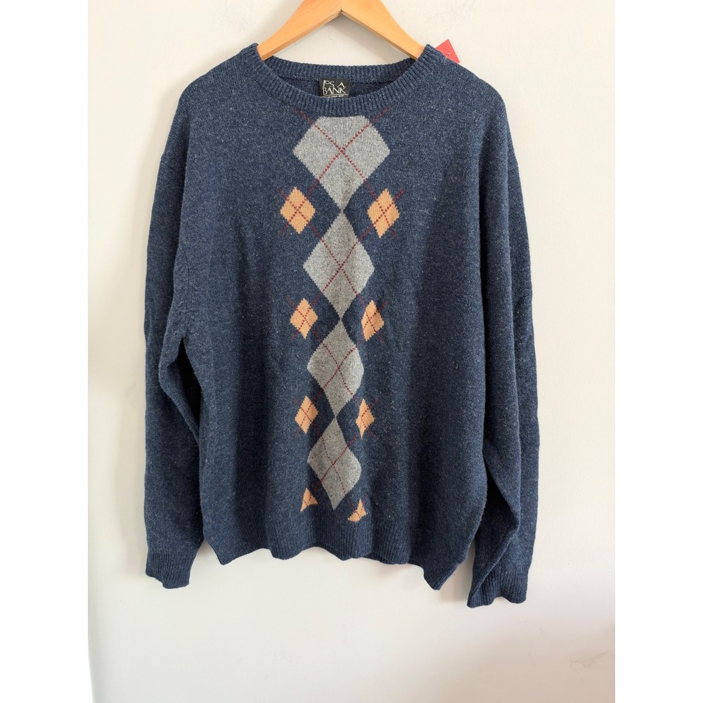 Jos. A. Bank Sweater Mens Large Navy Blue Argyle Lambswool Blend Crewneck Knit